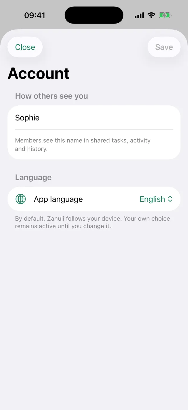 The Account screen with the display name Sophie and the App language setting.