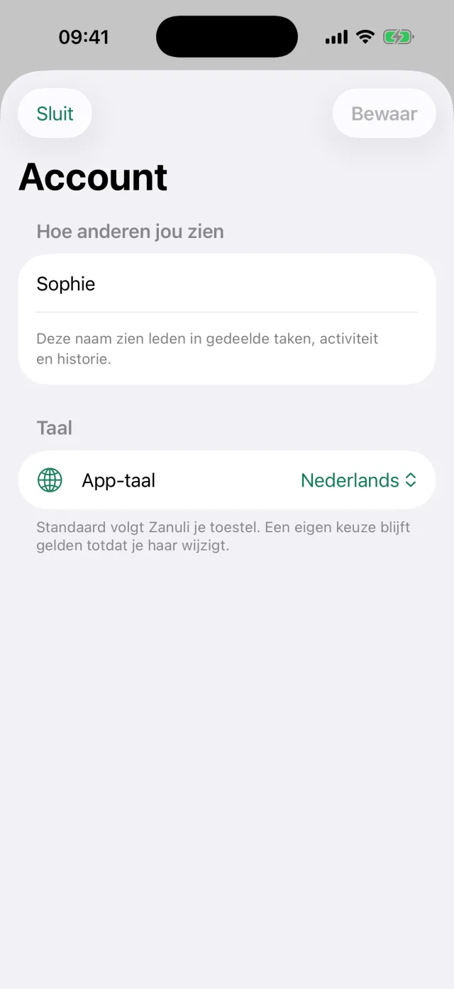 Het Account-scherm met de weergavenaam Sophie en de instelling App-taal.