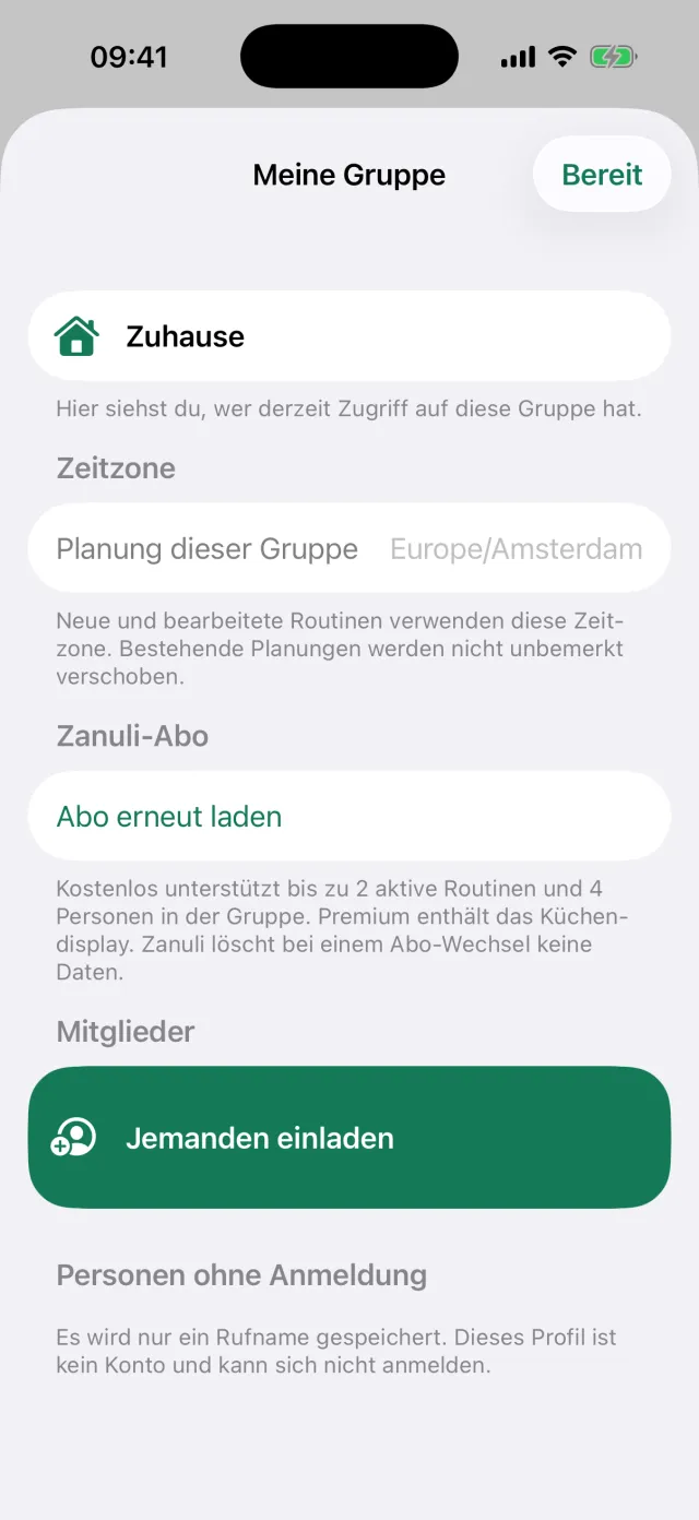 Der Bildschirm Meine Gruppe mit Zeitzone, Abo, Mitgliedern und Personen ohne Login.