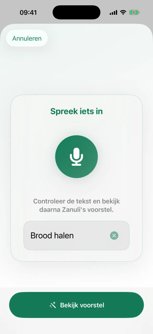 Het inspreekscherm van de Inbox met een microfoonknop en een tekstveld.