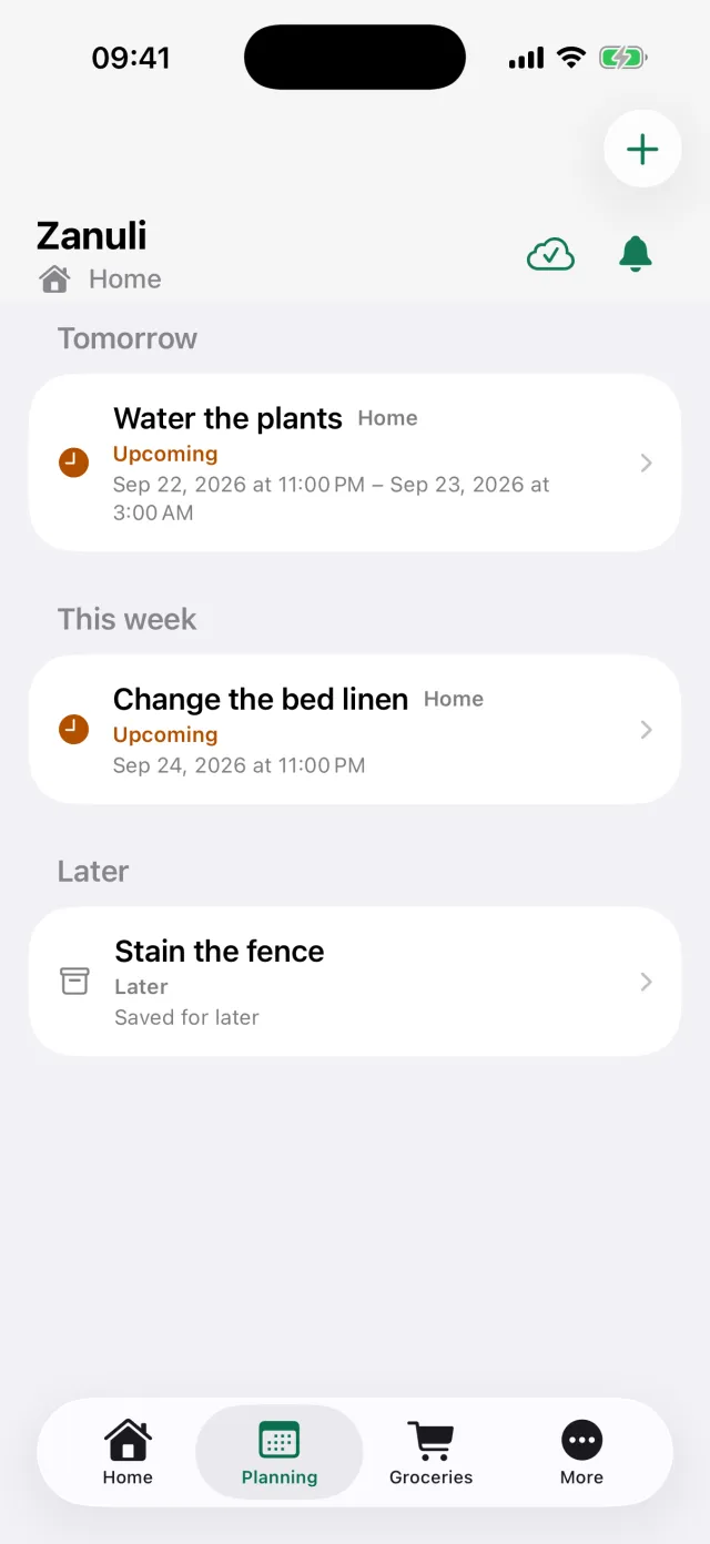 The Planning screen with tasks grouped under Tomorrow, This week and Later.