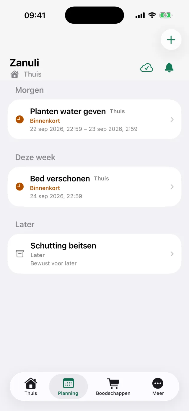 Het Planning-scherm met taken gegroepeerd onder Morgen, Deze week en Later.