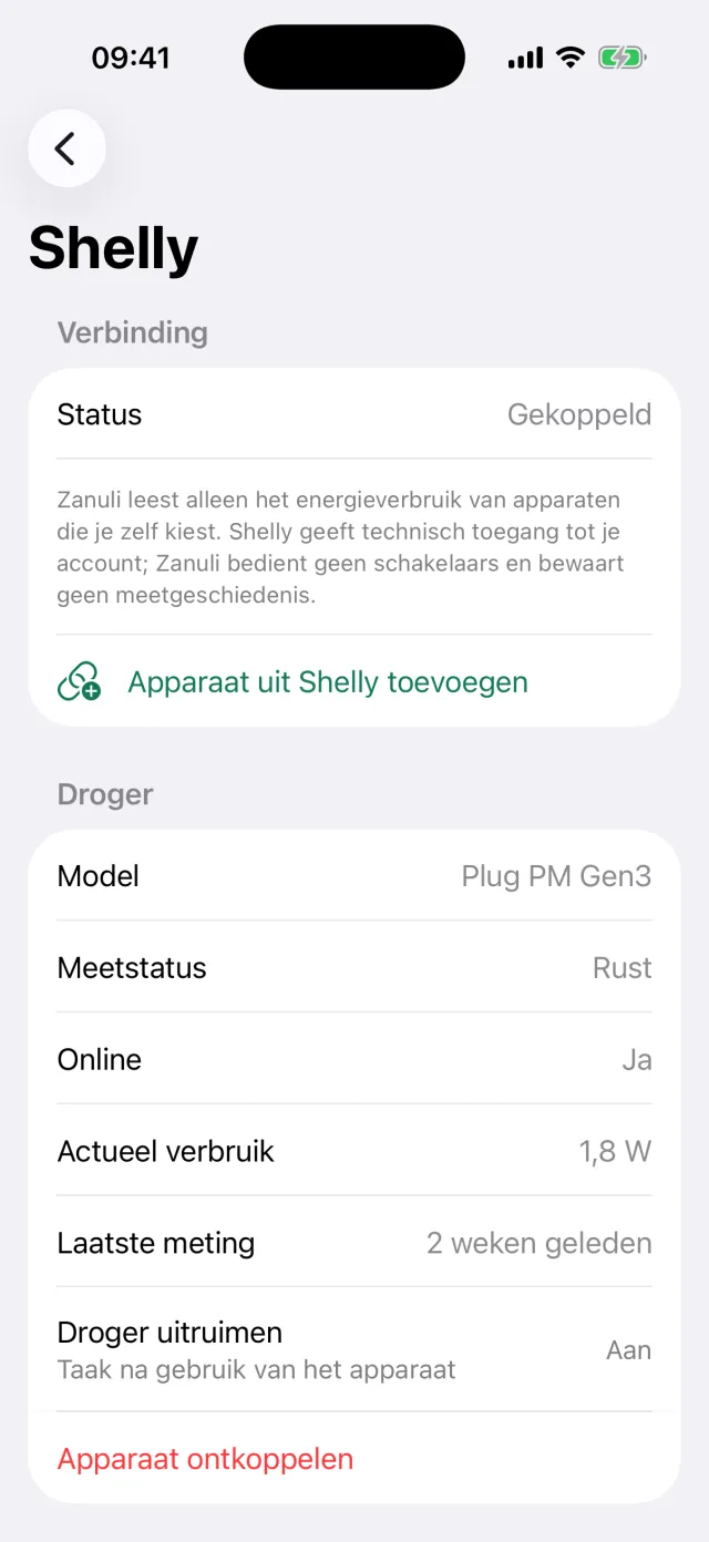 Het Shelly-scherm met de koppelstatus, het model Plug PM Gen3 en de taak na gebruik.