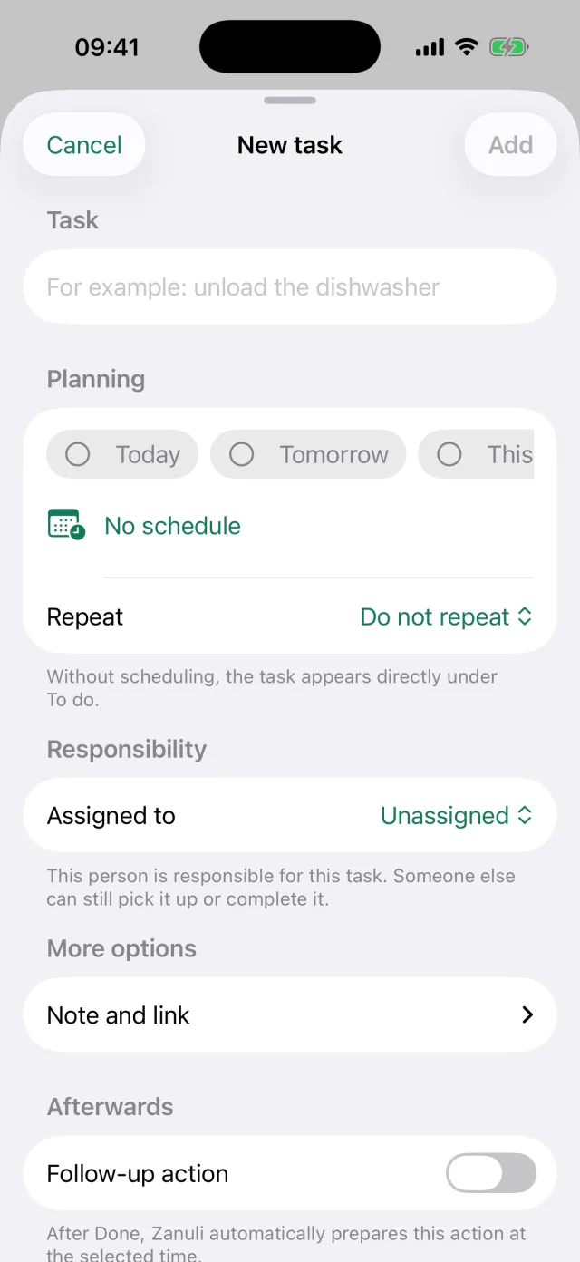 The New task screen with the Task, Planning, Repeat, Assigned to and Follow-up fields.