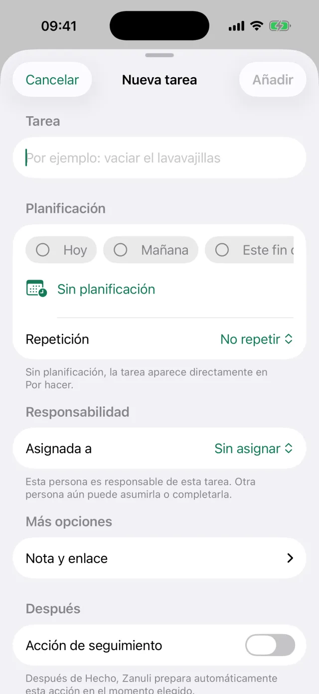 La pantalla Nueva tarea con los campos Tarea, Planificación, Repetición, Asignada a y Acción siguiente.