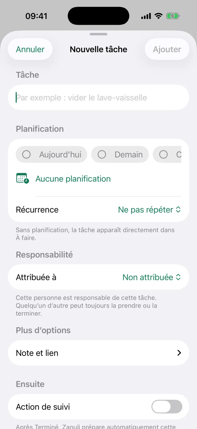 L’écran Nouvelle tâche avec les champs Tâche, Planification, Répétition, Attribuée à et Action suivante.