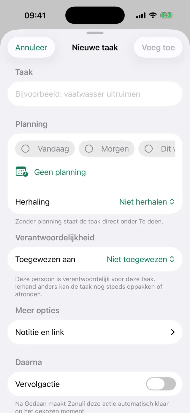 Het scherm Nieuwe taak met de velden Taak, Planning, Herhaling, Toegewezen aan en Vervolgactie.