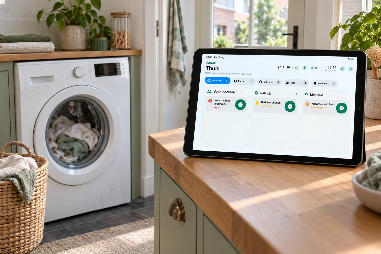 Un cycle terminé devient « Vider le lave-linge ». Quelqu’un peut ensuite étendre le linge.